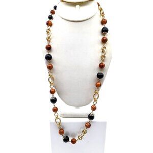 Unique Beaded Eloxal Chain Necklace, Vintage Gold Tone with Black and Wood Look